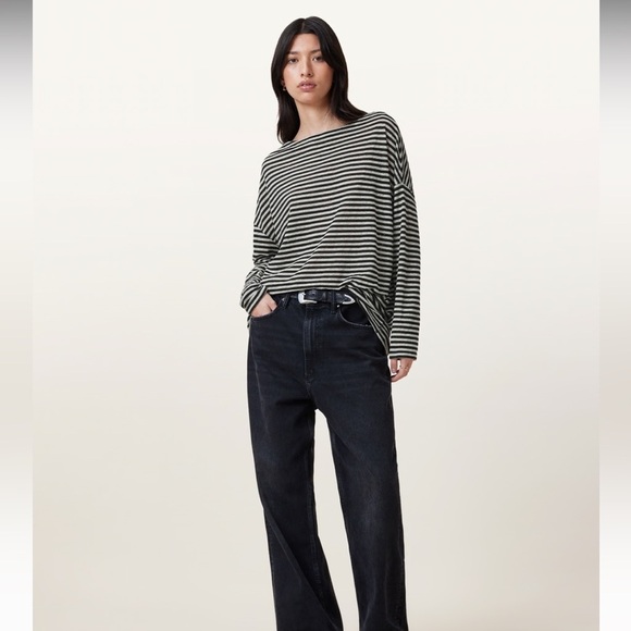 ALLSAINTS - Rita LS Relaxed Fit Striped T-Shirt Slash Neckline Top Size XS - Picture 3 of 11